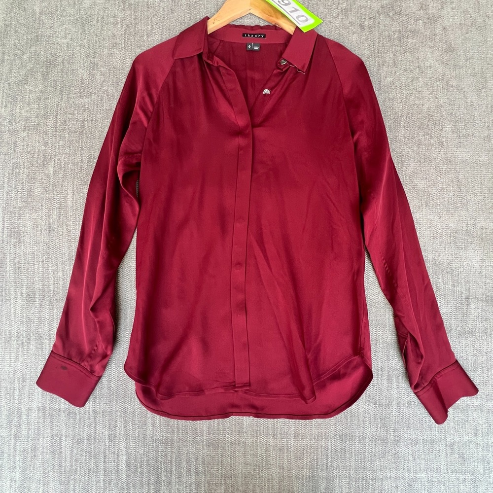 Theory Shirt Top Womens S Red Long Sleeve Office Sleek Quiet Luxury Button-Up